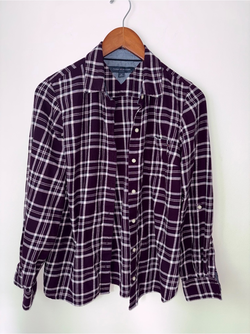 Tommy Hilfiger Women’s Purple and White Plaid Button-Down Flannel Shirt S